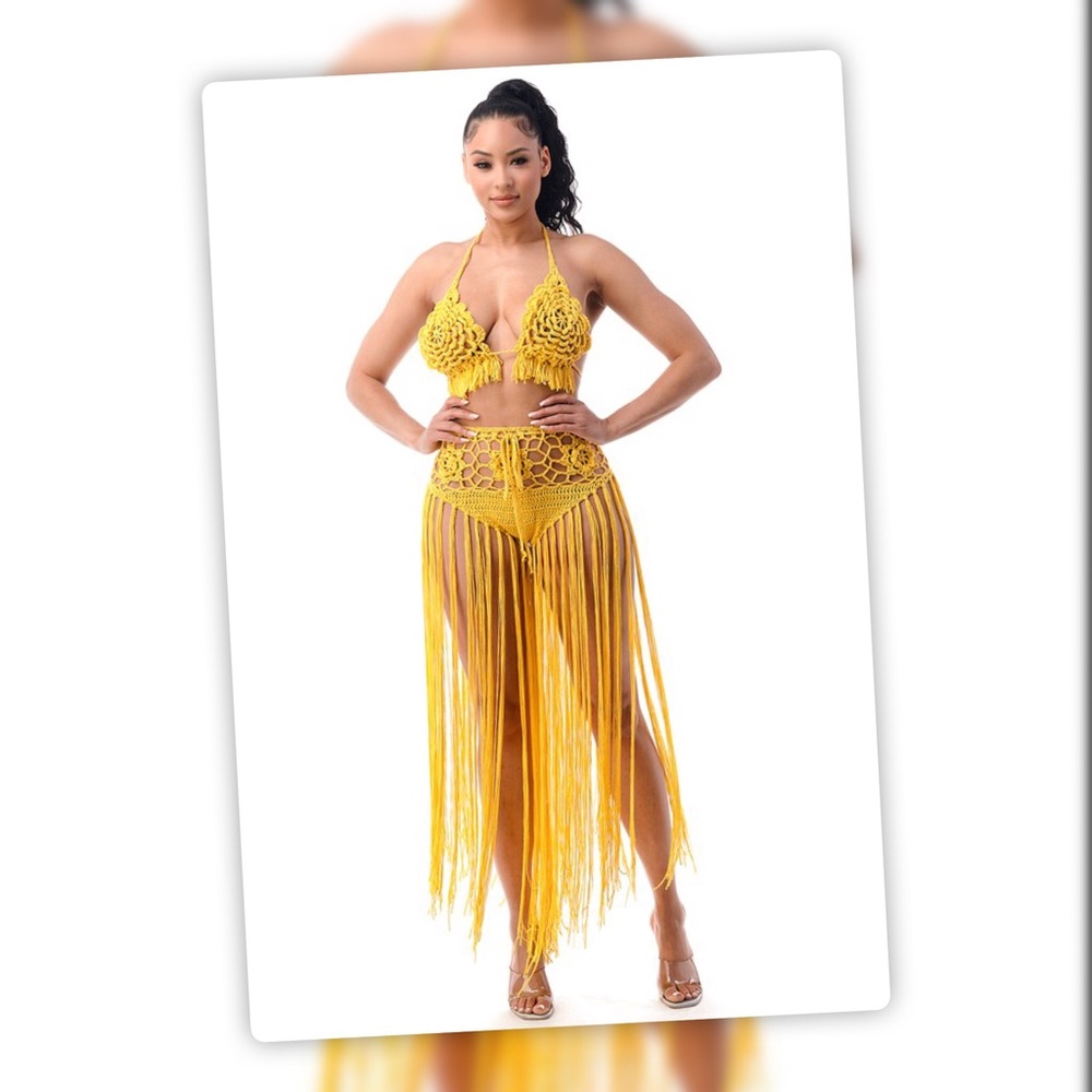 See You In Mexico Marigold Yellow Crochet Fringe Sunsuit Swim Coverup